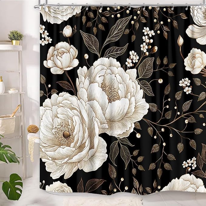 Black and Gold Shower Curtain, Dark Roses Leaves Botanical Aesthetic Boho Floral Shower Curtain for Bathroom with Hook, Vintage Rose Gold Flowers Fabric Unique Chic Shower Curtain Set with Hooks 72X78