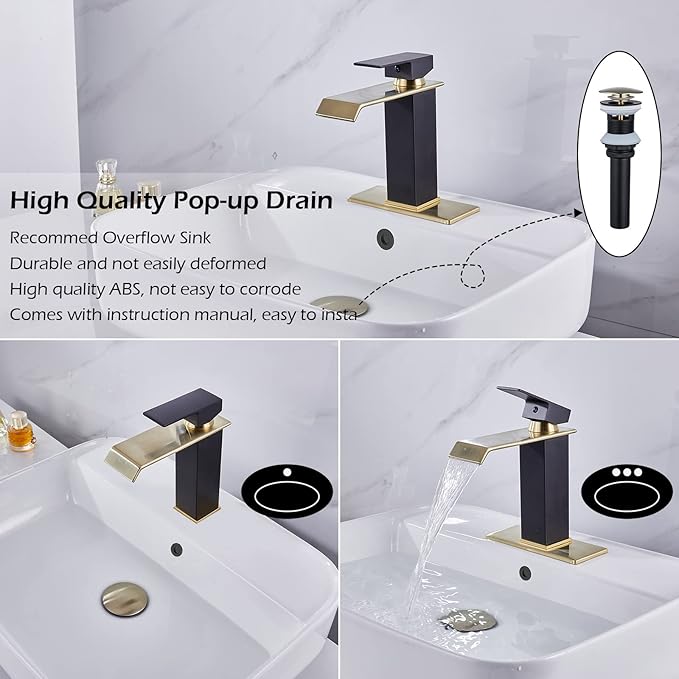 Bathroom Faucet Brushed Golden Waterfall Spout Black Body Single Handle Brass Pop Up Drain Stopper with Overflow Include for 1-3 Holes Basin Sink Deck Mounted Lavatory Vanity