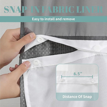 No Hook Waffle Shower Curtain with Snap-in Liner, 54x80 Inch, Charcoal | 230GSM waffle weave fabric, waterproof liner set with 2 bottom magnets, mesh window, washable, for shower stalls or bathrooms