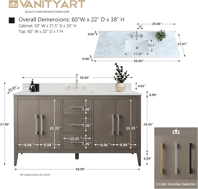Vanity Art 60 inch Bathroom Vanity with Single Sink & Ceramic Top, Vanity Cabinet with Soft-Closing Doors, Drawers, Solid Wood Frame, Driftwood Gray, VA9060-SDG-MB1