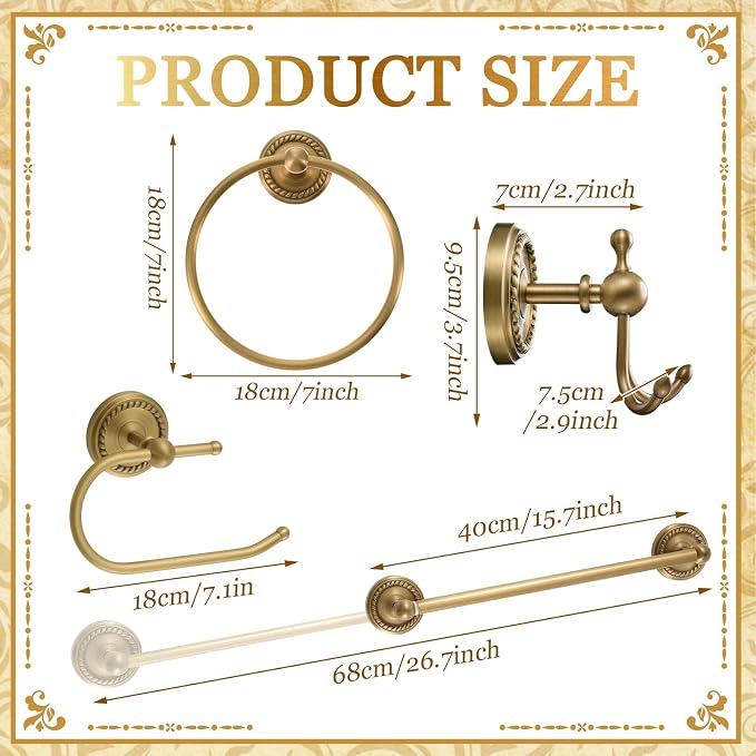 4 Pcs Antique Brass Gold Bathroom Accessories Set Wall-Mounted Towel Rack & Towel Ring & Toilet Paper Holder & Robe Hook, Wall Mounted Brass Vintage Bath Hardware Fixture Set(Style 5)