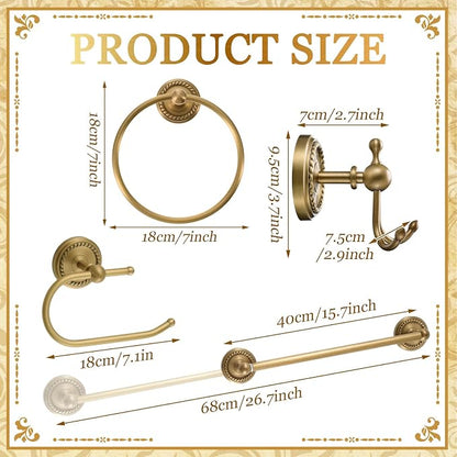 4 Pcs Antique Brass Gold Bathroom Accessories Set Wall-Mounted Towel Rack & Towel Ring & Toilet Paper Holder & Robe Hook, Wall Mounted Brass Vintage Bath Hardware Fixture Set(Style 5)
