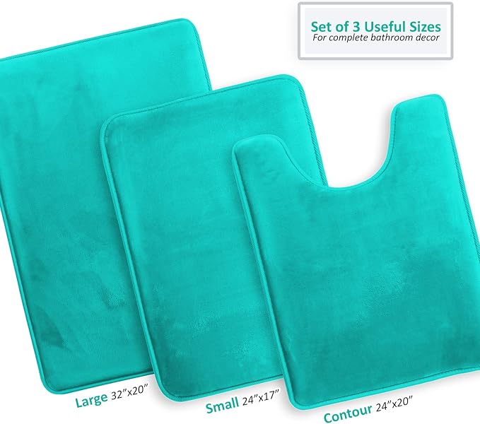 Clara Clark 3 Piece Bathroom Rugs Bath Mat Set, Velvet Memory Foam Bath Mats for Bathroom - Non-Slip, PVC Backing Bath Rugs, Washable - Dries Quickly, Teal