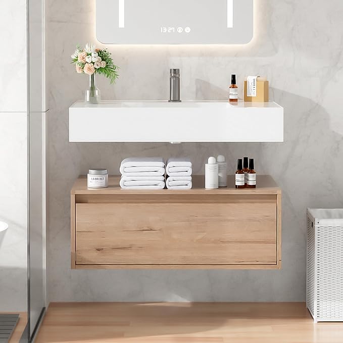 30 Inch Floating Bathroom Vanity with Sink, Modern Wall-Mounted Bathroom Cabinet with Resin Sink & Soft Close Drawer, Split-Level Layout (Nature Oak, 30")