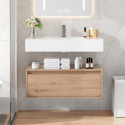30 Inch Floating Bathroom Vanity with Sink, Modern Wall-Mounted Bathroom Cabinet with Resin Sink & Soft Close Drawer, Split-Level Layout (Nature Oak, 30")