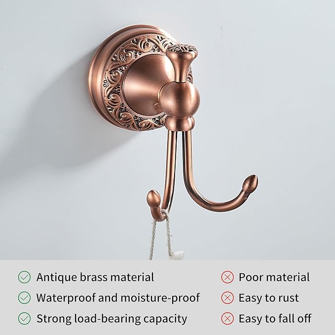 Red Copper Bath Towel Hooks, Wall Mounted Bathroom Hardware Accessories,Pattern Carving Design