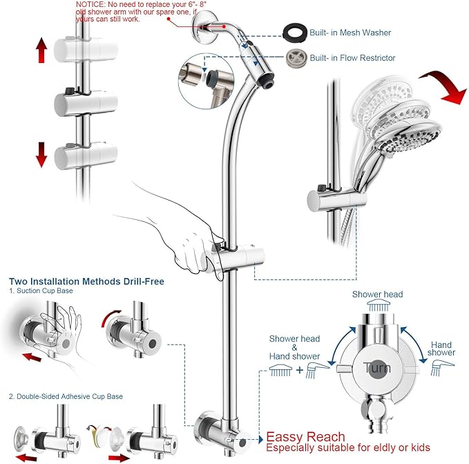Handheld Showerhead & Rain Shower Combo for Easy Reach, 27.5" Drill-free Stainless Steel Slide Bar, 5”of 5-setting Handheld Shower and Showerhead, with 5ft Hose - Polished Chrome