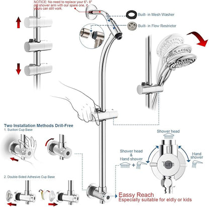 Handheld Showerhead & Rain Shower Combo for Easy Reach, 27.5" Drill-free Stainless Steel Slide Bar, 5”of 5-setting Handheld Shower and Showerhead, with 5ft Hose - Polished Chrome