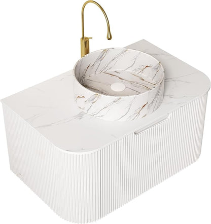 30'' Floating Vanity with Sink Combo, Modern Wall-Mounted Curved Edges Striped Bathroom Storage Cabinet with Soft-Close Drawer and White Stone Pattern Basin, White