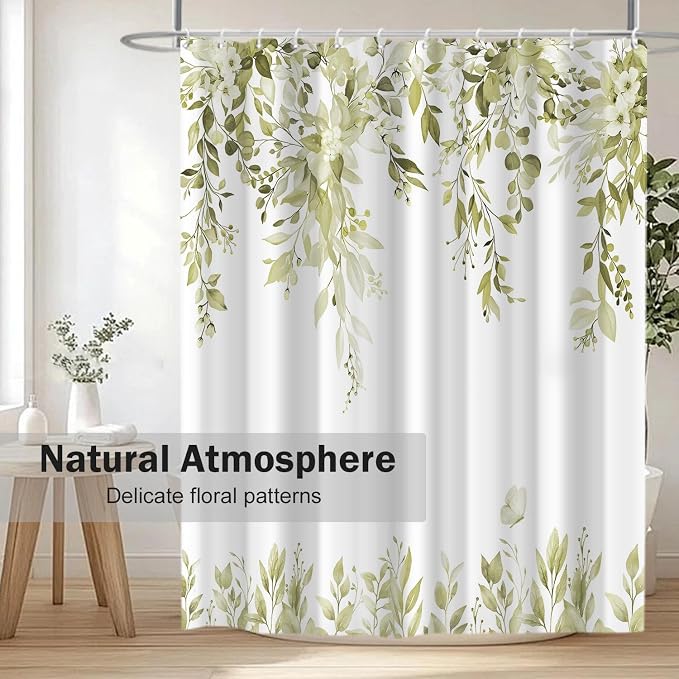 Beige Floral Eucalyptus Shower Curtain with Hooks, 72x72 Inch | Waterproof Fabric, Watercolor Leaves and Floral, Botanical Style, Machine Washable, Quick-Drying, for Hotel Bathroom