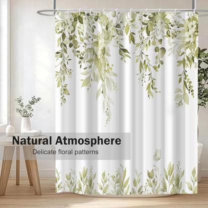 Beige Floral Eucalyptus Shower Curtain with Hooks, 72x84 Inch | Waterproof Fabric, Watercolor Leaves and Floral, Botanical Style, Machine Washable, Quick-Drying, for Hotel Bathroom