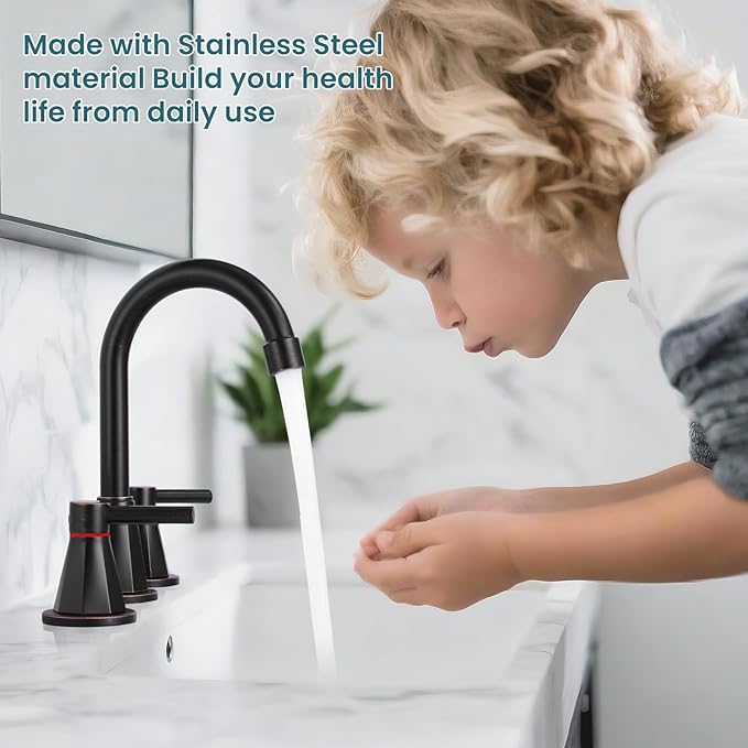 Bathroom Faucet 3 Hole,Oil Rubbed Bronze Bathroom Sink Faucet with 360°Swivel Spout, 8 inch Widespread 2 Handle Faucet for Bathroom Sink Vanity RV with Pop-up Drain Supply Line Stainless Steel