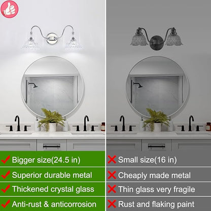 Modern Bathroom Vanity Light Fixtures 2 Lights Chrome Vanity Lights for Bathroom with Floral Crystal Glass Shade Modern Wall Lamp for Mirror(Exclude E26 Bulb)