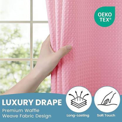 SORTTO No Hook Shower Curtain with Snap in Liner Set Waffle Shower Curtain for Bathroom Hotel Style Fabric Waterproof Inner Liner，71" W x 74" H, Pink