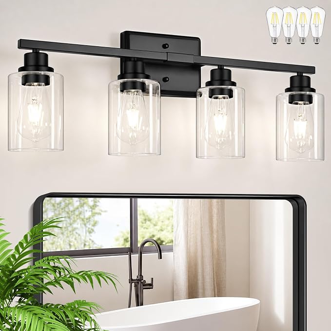 Unicozin Modern Black Bathroom Light Fixtures, 4-Light Vanity Lights Over Mirror with E26 LED Bulbs Included, Wall Sconce with Clear Glass Shades for Living Room Bedroom Hallway Kitchen