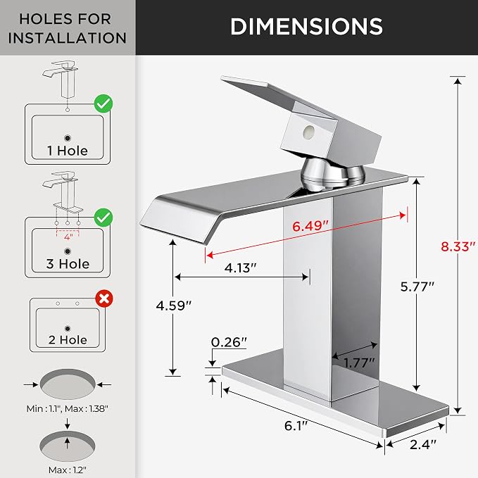 FORIOUS Bathroom Faucet 1 Hole Single Handle Vanity Sink Faucets Chrome | Sqaure Waterfall Spout, 1 or 3 Hole 4 Inch Centerset Sink with Drain and Hoses, for Vanity Rv Commercial Lavatory Restroom