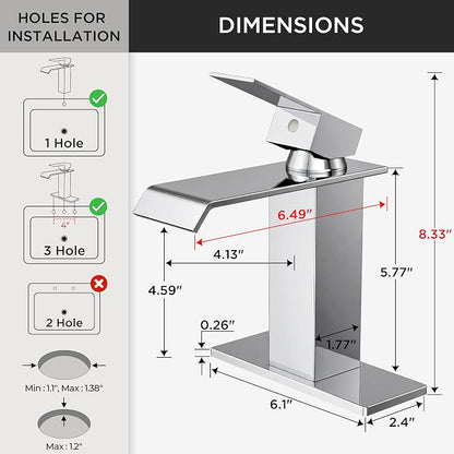 FORIOUS Bathroom Faucet 1 Hole Single Handle Vanity Sink Faucets Chrome | Sqaure Waterfall Spout, 1 or 3 Hole 4 Inch Centerset Sink with Drain and Hoses, for Vanity Rv Commercial Lavatory Restroom