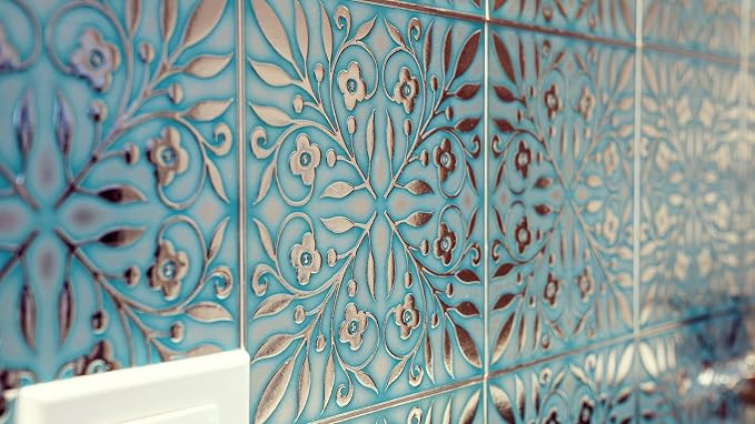 Main Street Peel and Stick Wallpaper Tiles, Teal & Silver Leaves, 24-Pack | 8"x8" tiles, covers 10.67 sq ft. Peel-and-stick paper, no extra adhesive needed. Ideal for backsplashes & DIY projects.
