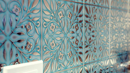 Main Street Peel and Stick Wallpaper Tiles, Teal & Silver Leaves, 24-Pack | 8"x8" tiles, covers 10.67 sq ft. Peel-and-stick paper, no extra adhesive needed. Ideal for backsplashes & DIY projects.