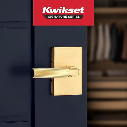 Kwikset Mirada Reeded Interior Passage Door Handle, Lever for Closet and Hallway Doors, Reversible Non-Locking Handle Lever, Satin Brass, with Microban Protection