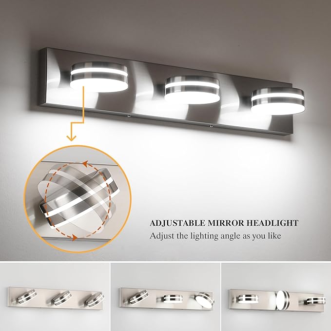 Brushed Nickel Bathroom Vanity Light, (24in Dimmable) 3-Light Bathroom Light Fixtures Over Mirror, LED 5500K Vanity Lights with 360°Rotating Lamp Head