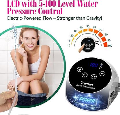 TRAMAN-Enema-Kit, Detox-Enemas for Colon-Cleanse for Women Men, Coffee Enema Coffee-Organic Cleanse Kit, Electric Water Flow Speed Control with LCD Display, Pressure Spray, External Water Supply