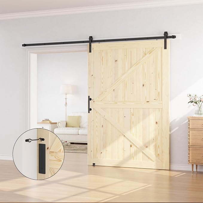SMARTSTANDARD 60in x 84in Sliding Barn Door with 10ft Barn Door Hardware Kit Included, Unfinished Solid Spruce Wood Door, Assembly Required, DIY, Stainable, Natural | Unfinished Solid Spruce Wood Door, Assembly Required, DIY, Stainable, Natural