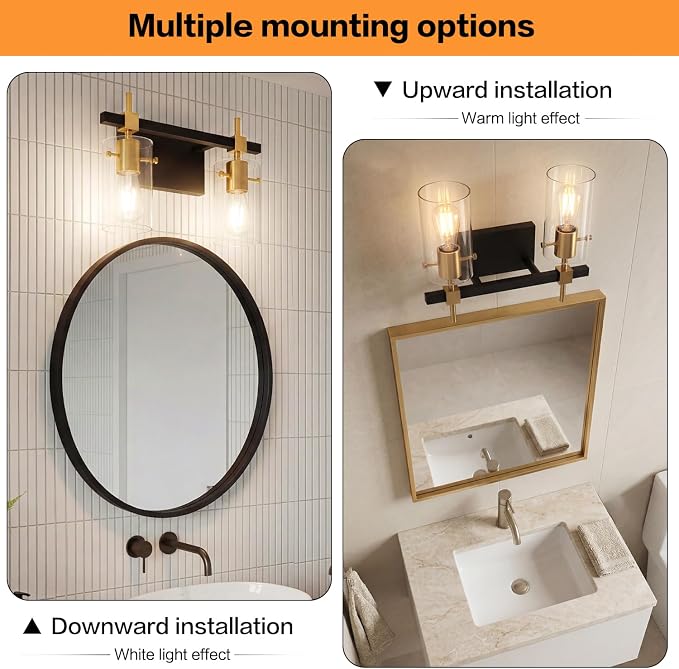 SOLFART Vintage Vanity Light Fixtures Wall Light for Bathroom Over Mirror Light with Glass Shade Light Fixtures (2 Lights-Exclude Bulb)