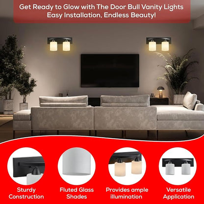 Hollywood Style Modern Wall Mount Lighting, Bathroom Vanity Light Bar, Interior Fixtures with Modern Glass Shade, Lights Over the Mirror (Matte Black, 2-Lights)