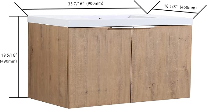 36 Inch Bathroom Vanity with Sink, Modern Wall Mount Floating Bathroom Vanity Set, Brown Vanity, Ceramic Sink and Soft Close Door