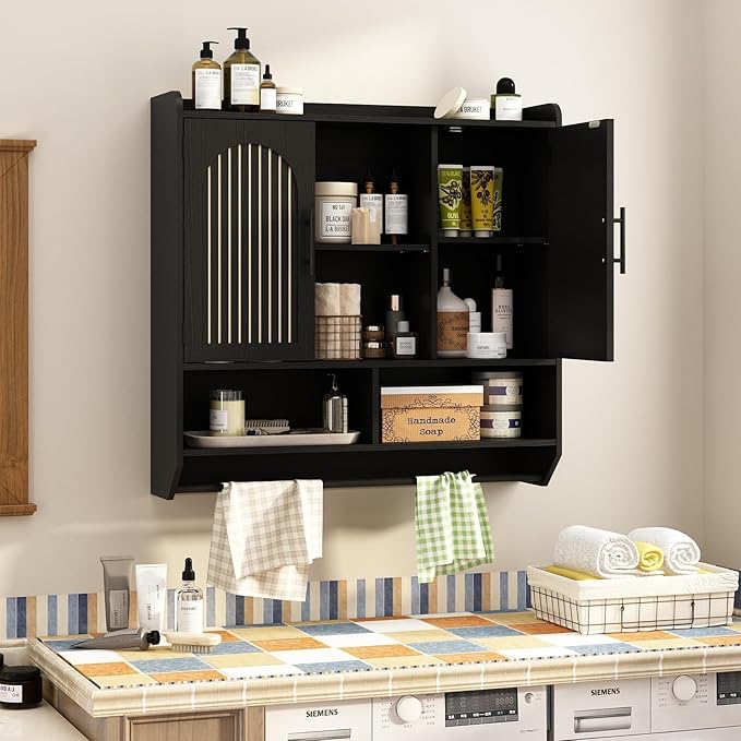 RUSTOWN Fluted Bathroom Wall Cabinet, Mid-Century Modern Medicine Cabinet with Adjustable Shelves & Towel Bar,3-Tier Wall Mounted Cabinets, Over The Toilet Storage Cabinets for Bathroom, Rustic Black