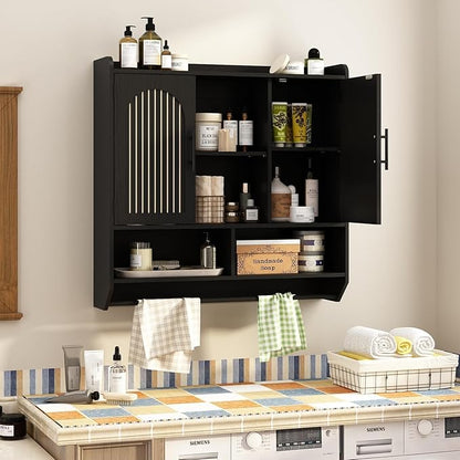 RUSTOWN Fluted Bathroom Wall Cabinet, Mid-Century Modern Medicine Cabinet with Adjustable Shelves & Towel Bar,3-Tier Wall Mounted Cabinets, Over The Toilet Storage Cabinets for Bathroom, Rustic Black