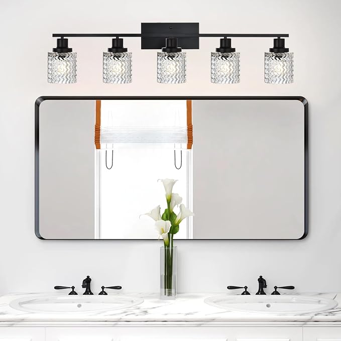 MELUCEE 5 Lights Black Bathroom Light Fixture Modern Light Fixtures | Wall Mounted Modern Vanity Lighting with Hammered Glass Shade Suitable for Bathroom Mirror Sink Cabinet