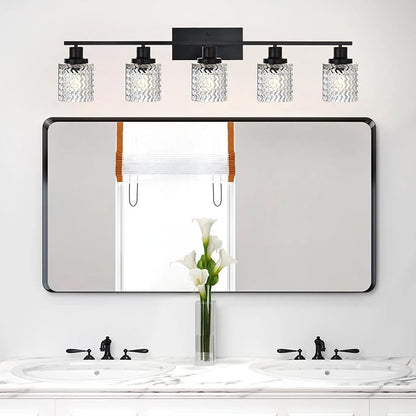 MELUCEE 5 Lights Black Bathroom Light Fixture Modern Light Fixtures | Wall Mounted Modern Vanity Lighting with Hammered Glass Shade Suitable for Bathroom Mirror Sink Cabinet