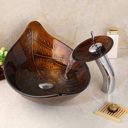 Bathroom Vessel Sink Combo Tempered Glass Leaf Shape Bowl
