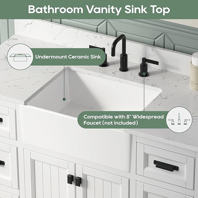48 Inch White Bathroom Vanity with Sink, Farmhouse Bathroom Vanities Cabinet with Soft Closing Doors & Dovetail Drawers, Vanity for Bathroom with Apron Farm Sink, Solid Wooden Frame
