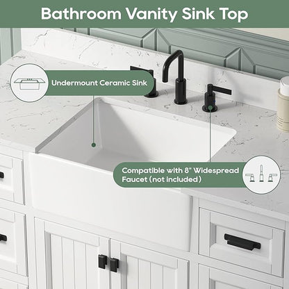 48 Inch White Bathroom Vanity with Sink, Farmhouse Bathroom Vanities Cabinet with Soft Closing Doors & Dovetail Drawers, Vanity for Bathroom with Apron Farm Sink, Solid Wooden Frame