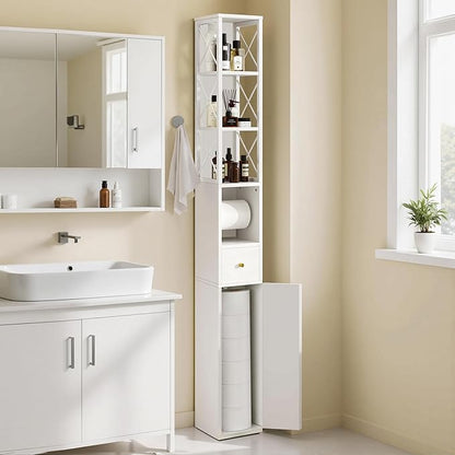 VECELO Storage Cabinet, 67" Tall Narrow Bathroom Cabinet with X-Frame Metal Design, Toilet Paper Holder, Magnetic Door & Drawer, for Small Spaces, Pearl White