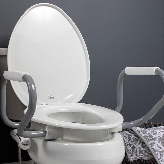 Bemis Assurance 3" Raised Toilet Seat with Handles and Bidet Attachment, Secure Hinges, Clean Shield Guard, Round, White