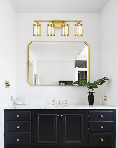 4-Light Brushed Gold Bathroom Light Fixtures with Clear Glass and Metal Cage, 29 Inch Modern Brass Vanity Lighting Over Mirror Wall Sconce Lights for Bath, E26, Rust-Proof, OS-3014BG-4W