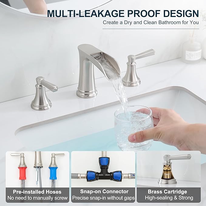 8 Inch Brushed Nickel Bathroom Faucet Widespread, Brass Waterfall Faucet for Bathroom Sink 3 Hole 2 Handle with Pop up Drain & Pre-Installed cUPC Supply Pipe for Restroom, 10 Mins Install