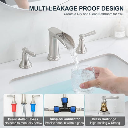 8 Inch Brushed Nickel Bathroom Faucet Widespread, Brass Waterfall Faucet for Bathroom Sink 3 Hole 2 Handle with Pop up Drain & Pre-Installed cUPC Supply Pipe for Restroom, 10 Mins Install