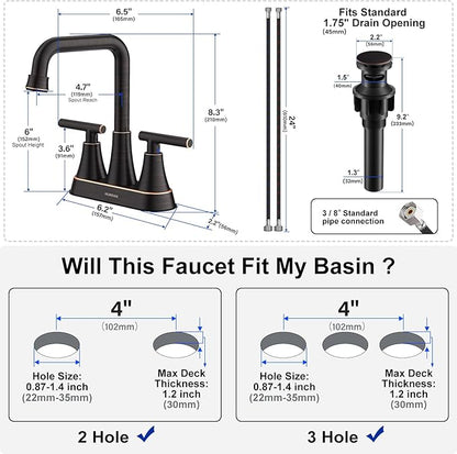 Bathroom Sink Faucet, Hurran 4 inch Oil Rubbed Bronze Bathroom Faucets for Sink 3 Hole with Pop-up Drain and Supply Hoses, 2-Handle Centerset Faucet for Vanity RV Farmhouse, 2 Pack