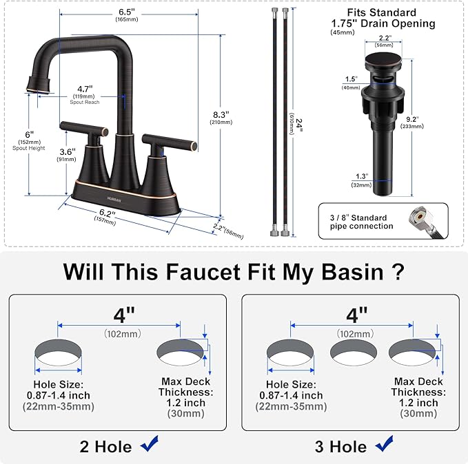 Bathroom Sink Faucet, Hurran Oil Rubbed Bronze Bathroom Faucets for Sink 3 Hole with Pop-up Drain and Supply Hoses, 360 Swivel Spout 2-Handle Centerset Faucet for Vanity RV Farmhouse