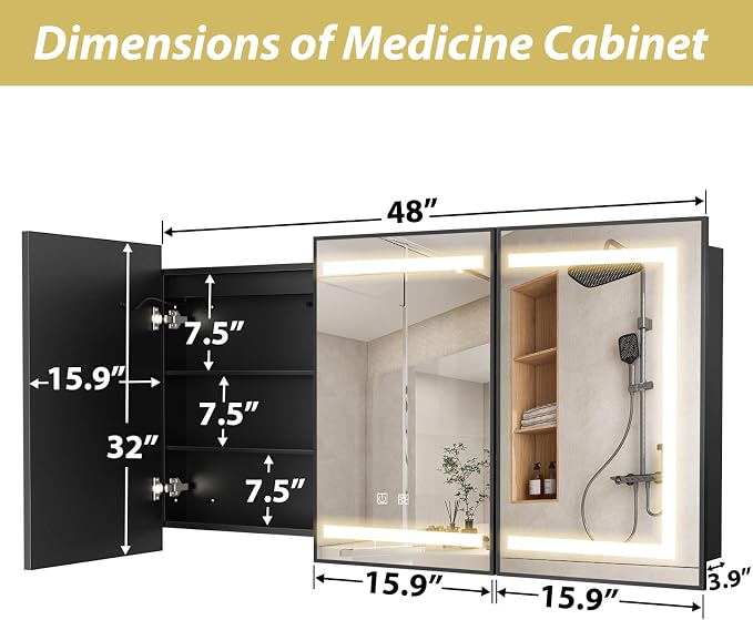APRILSOUL 48x32 Inch Lighted Bathroom Medicine Cabinet with Mirror, Black Recessed or Surface Mount Medicine Cabinet Mirror with Storage and LED Lights, 3 Colors Temperature, Dimmable Light