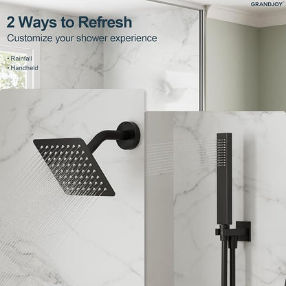 Wall Mount Shower System with Handheld Shower, Matte Black | 6-inch rain head, pressure-balanced brass valve, 2-function control and included 59-inch hose
