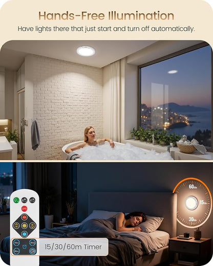 4 Pack Rechargeable Motion Sensor Ceiling Lights with Remote, Wireless Ceiling Light Battery Operated, Magnetic, 3CCT, Dimmable Shower Light, Motion Activated Light for Closet Bathroom Stairs Pantry