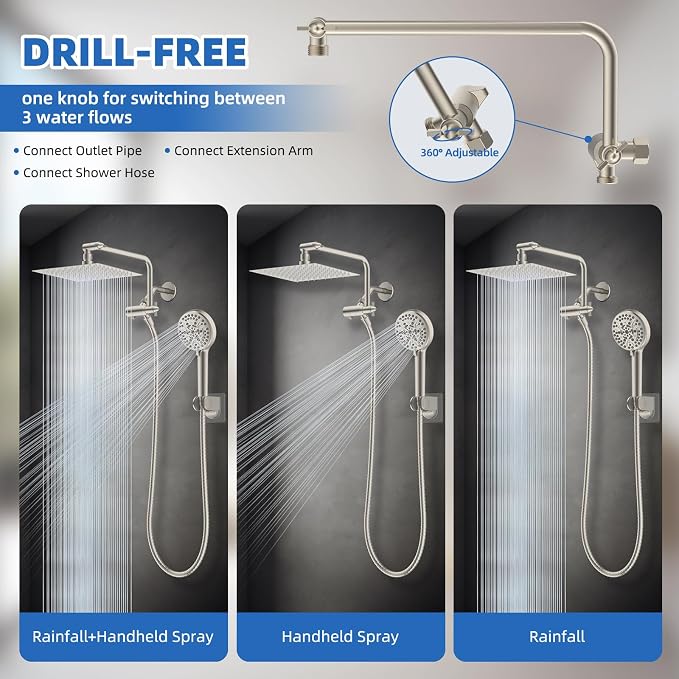 10" Metal Rainfall Shower Head with 10-Mode Handheld, Brushed Nickel | NSF/ANSI/CAN 372 Certified, High Pressure Showerhead Combo with 11" Adjustable Shower Arm, 71" Hose, Shower Head Holder