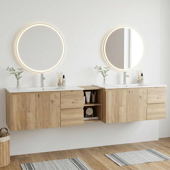 84"Modern Floating Double Sink Bathroom Vanity, Wall Mounted Bathroom Cabinet with U-Shaped Drawers, Beveled Invisible Handles Open Side Shelf, FSC Certified Wood Veneer (Wood color, 84 lnch)