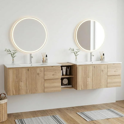 84"Modern Floating Double Sink Bathroom Vanity, Wall Mounted Bathroom Cabinet with U-Shaped Drawers, Beveled Invisible Handles Open Side Shelf, FSC Certified Wood Veneer (Wood color, 84 lnch)